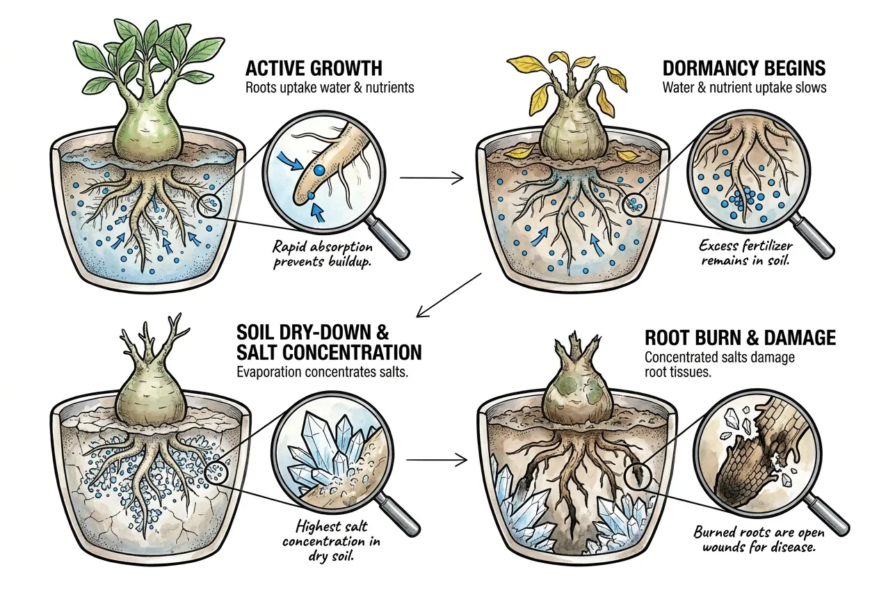 Four stages showing fertilizer salts concentrating in a drying pot and burning caudex roots