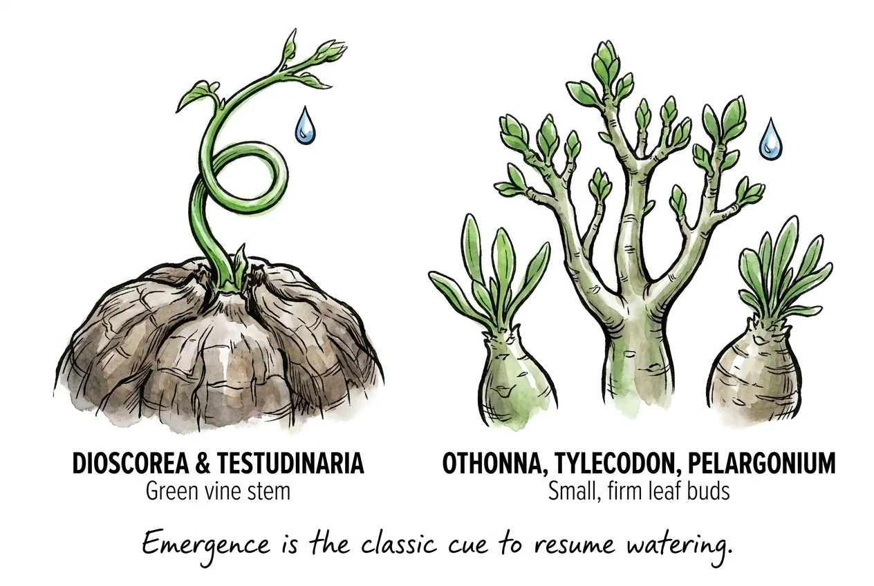 Close botanical illustration of a green vine stem and small firm leaf buds emerging from the top of a caudex, the new-growth signal to resume watering.