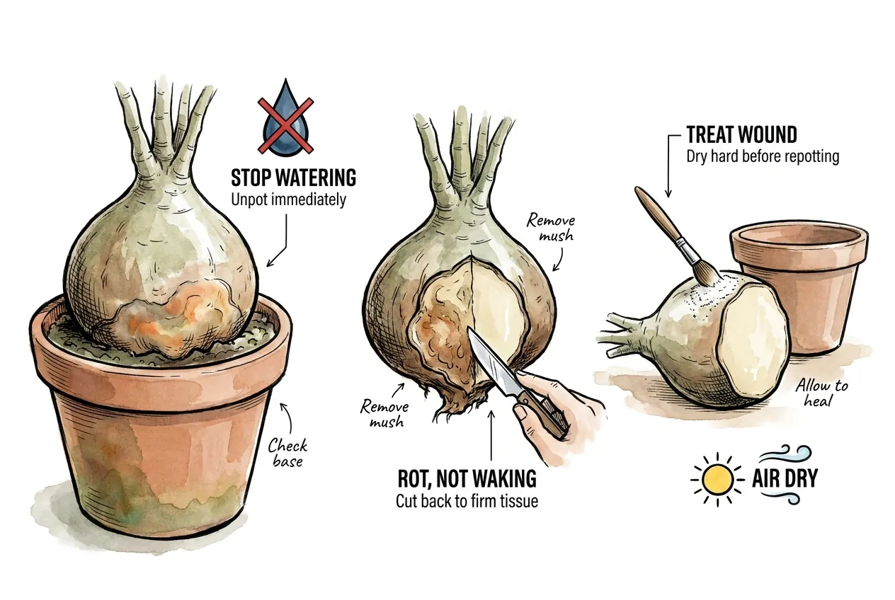Botanical illustration of a caudex base with a soft discolored rot lesion after over-early re-wetting, the warning sign to stop watering and inspect.