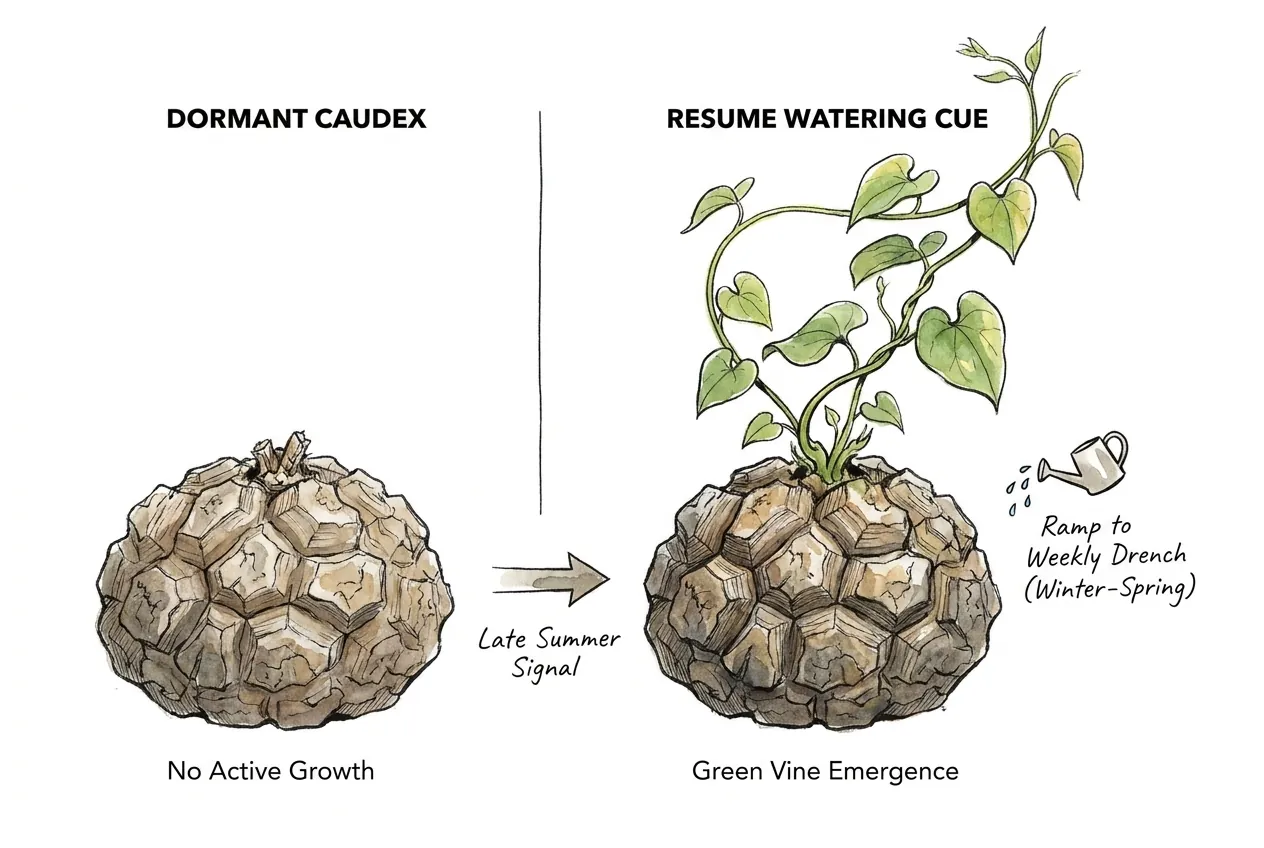 Botanical illustration of a Dioscorea elephantipes elephant's foot caudex with a green twining vine emerging on top, its clearest autumn wake cue.