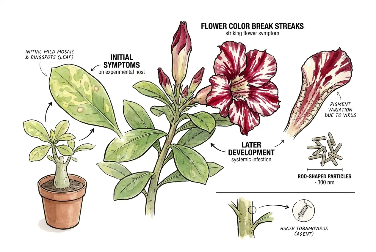 Adenium sequence from mild leaf symptoms to streaked flowers and rod-shaped particles