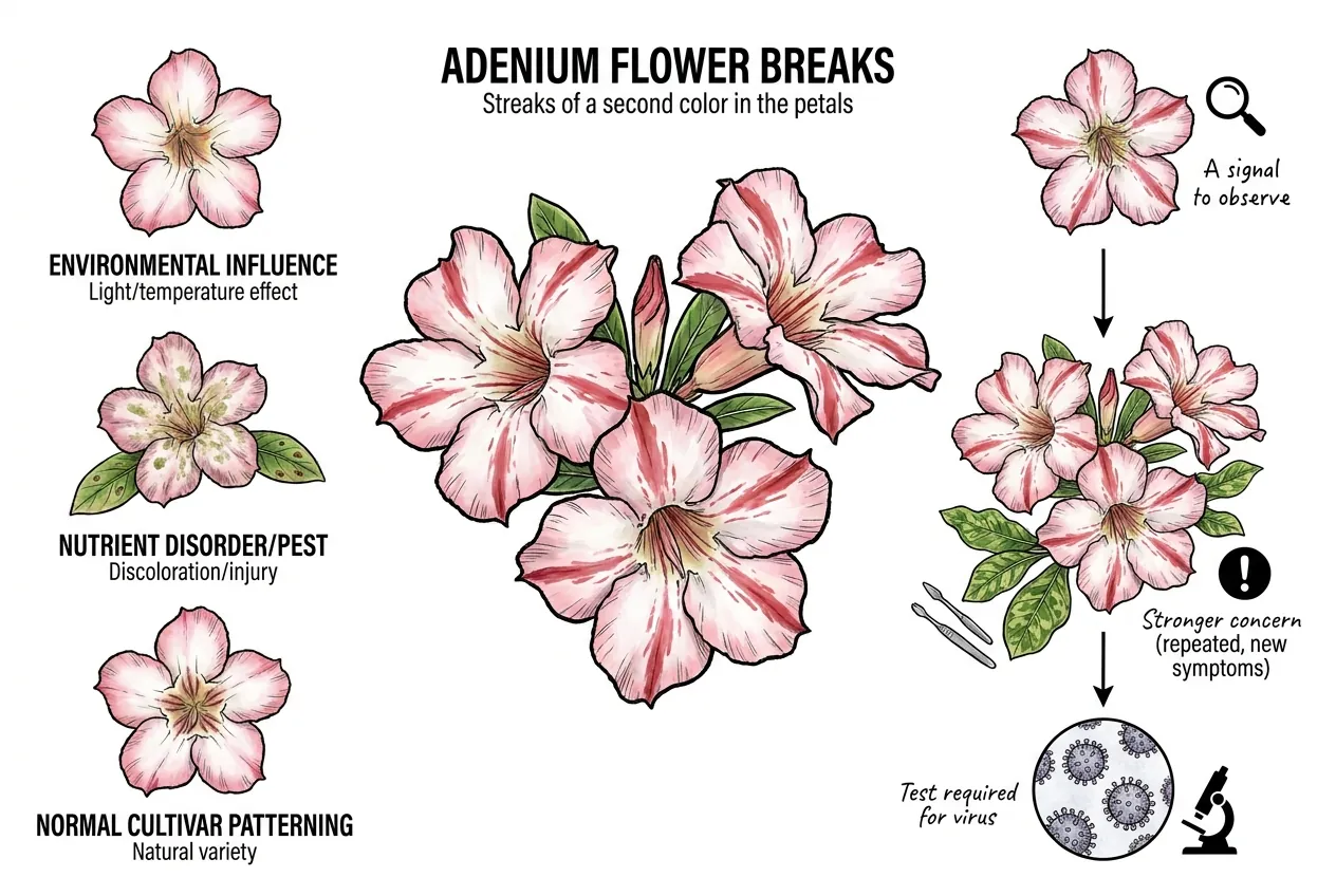 Streaked Adenium flowers beside environmental, pest, cultivar, and testing comparisons