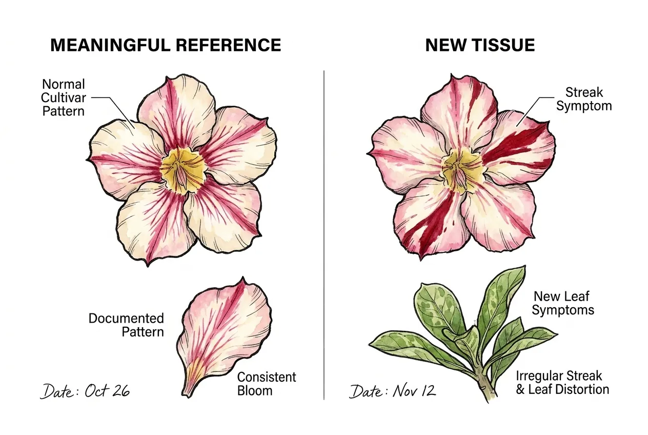 Normal cultivar blooms compared with new streaked flower and leaf symptoms