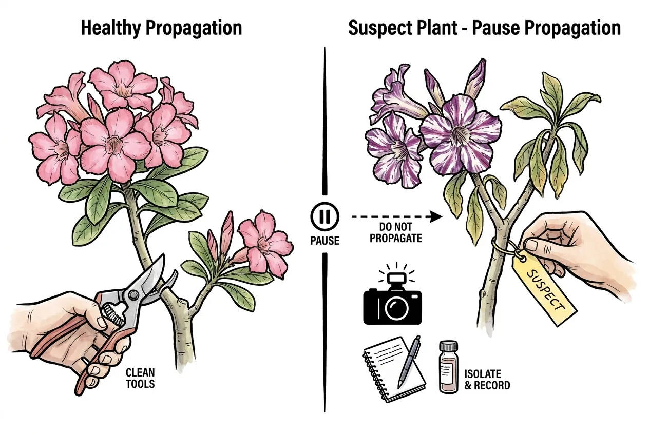 Healthy Adenium pruned with clean tools beside a tagged suspect plant, camera, notebook, and isolation