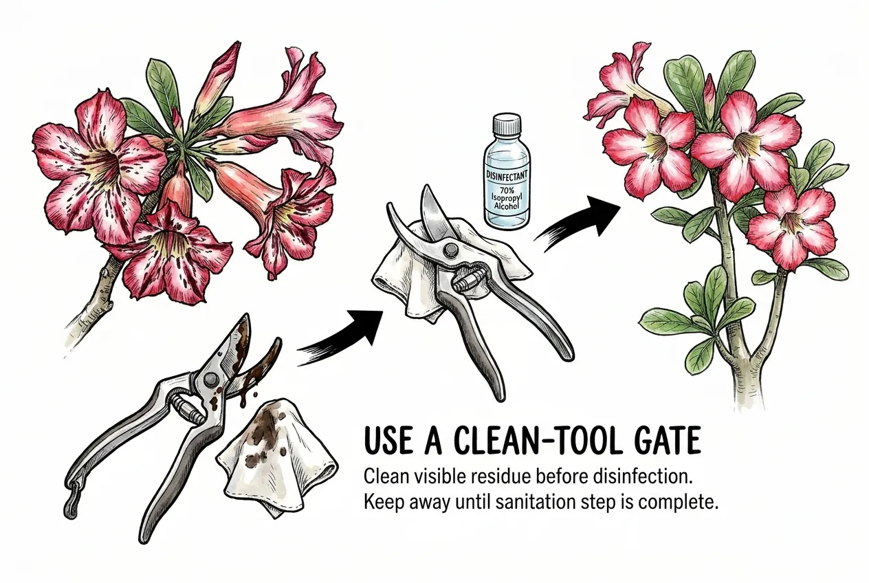 Dirty pruning tool cleaned and disinfected before contacting another plant