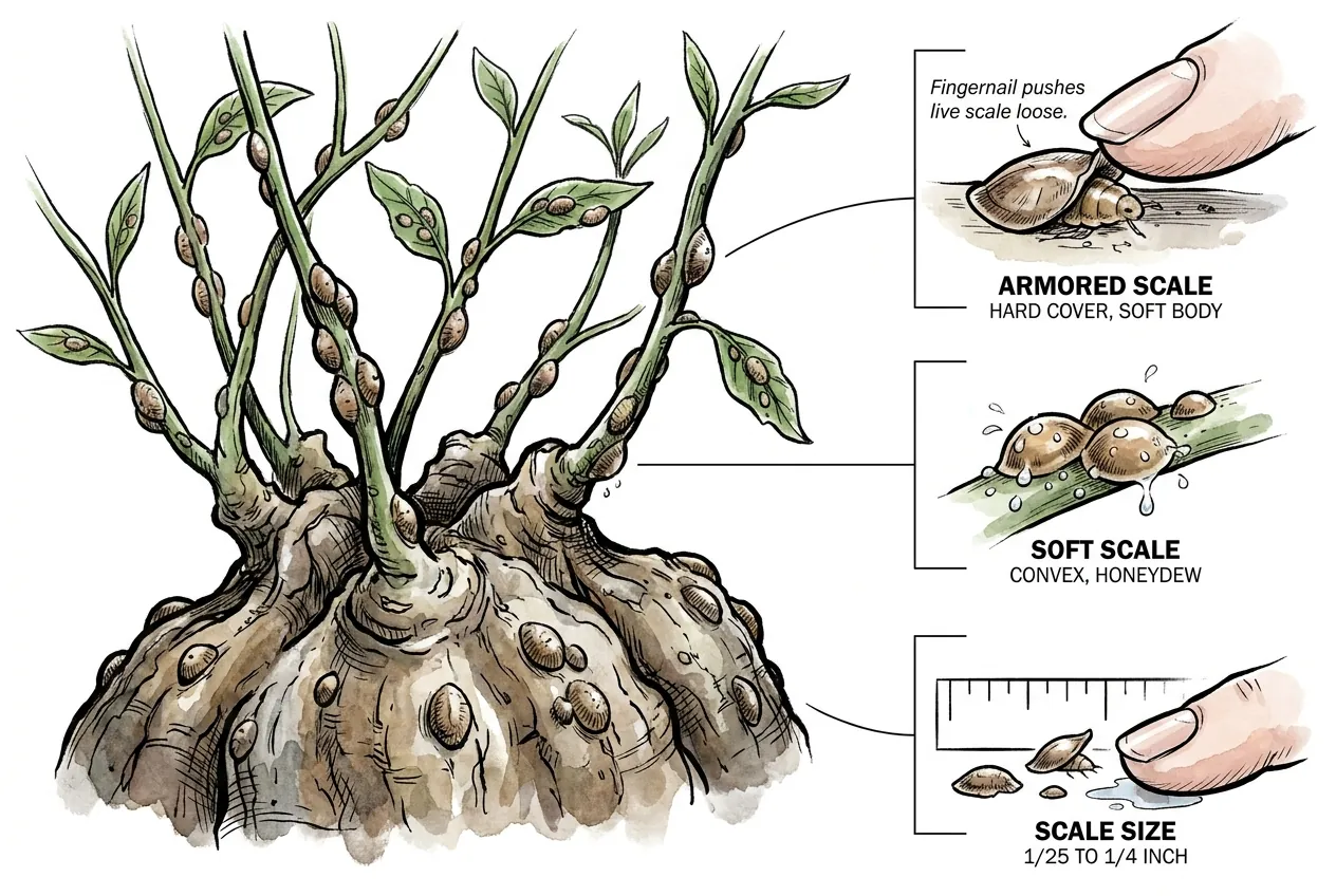 Botanical illustration of a caudex plant showing armored scale with a hard cover over a soft body, convex honeydew-leaking soft scale, a scale-size range of about one twenty-fifth to one quarter inch, and a fingernail pushing a live scale loose.