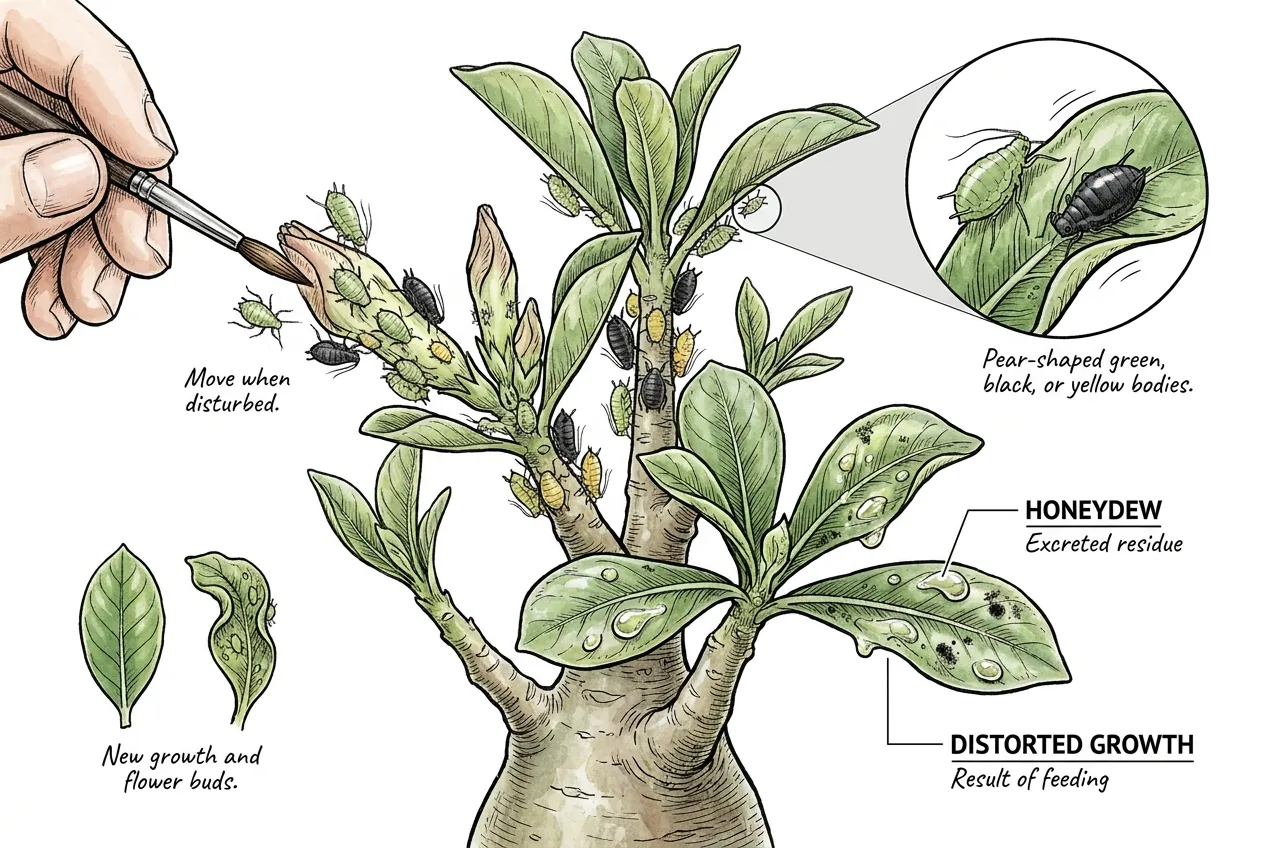 Botanical illustration of a caudex plant with pear-shaped aphids clustered on soft new growth and flower buds, plus callouts for honeydew, distorted growth, and aphids moving when disturbed.
