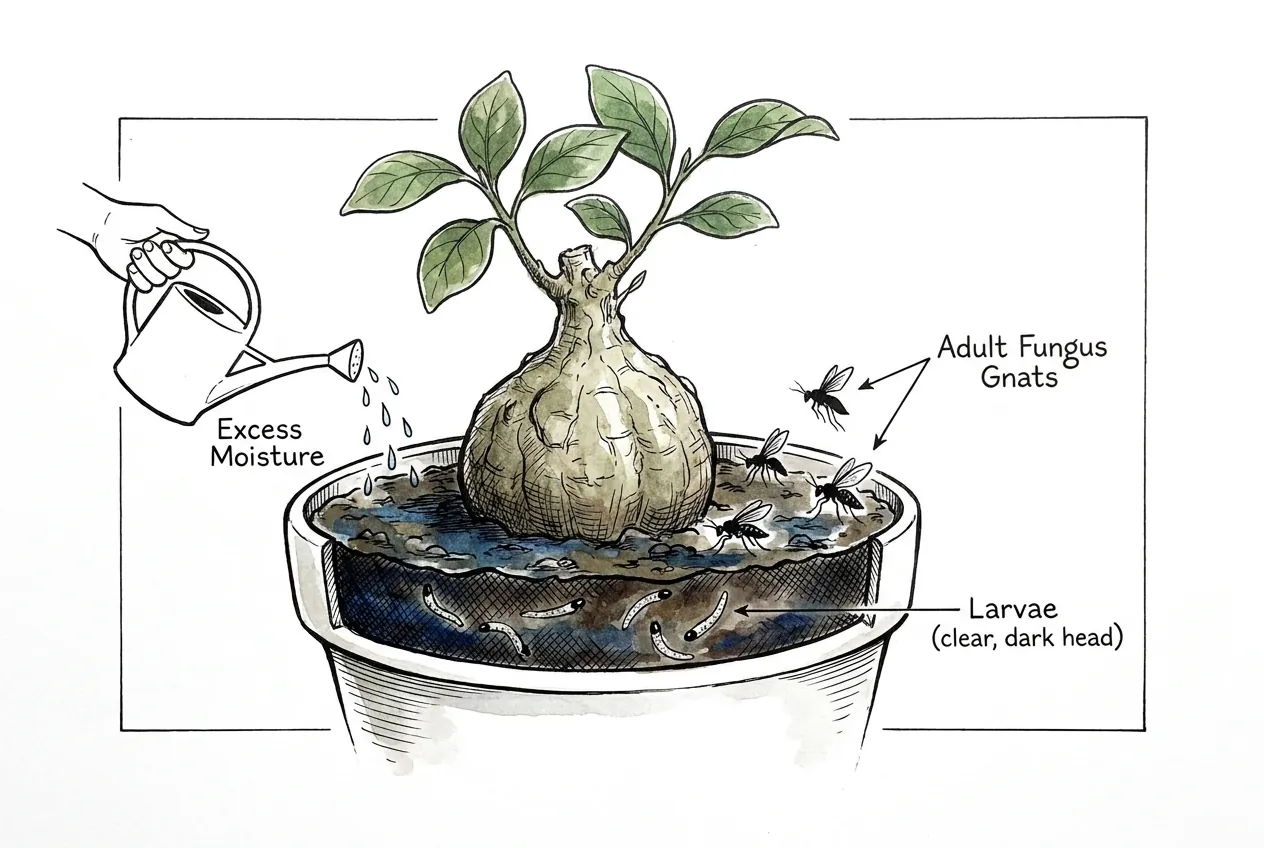 Botanical illustration of a potted caudex plant with adult fungus gnats near the soil surface and clear dark-headed larvae in the moist top layer of substrate, with excess watering shown as the cause.
