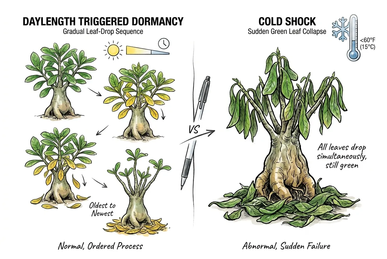 Gradual oldest-to-newest yellowing versus sudden whole-plant green leaf collapse