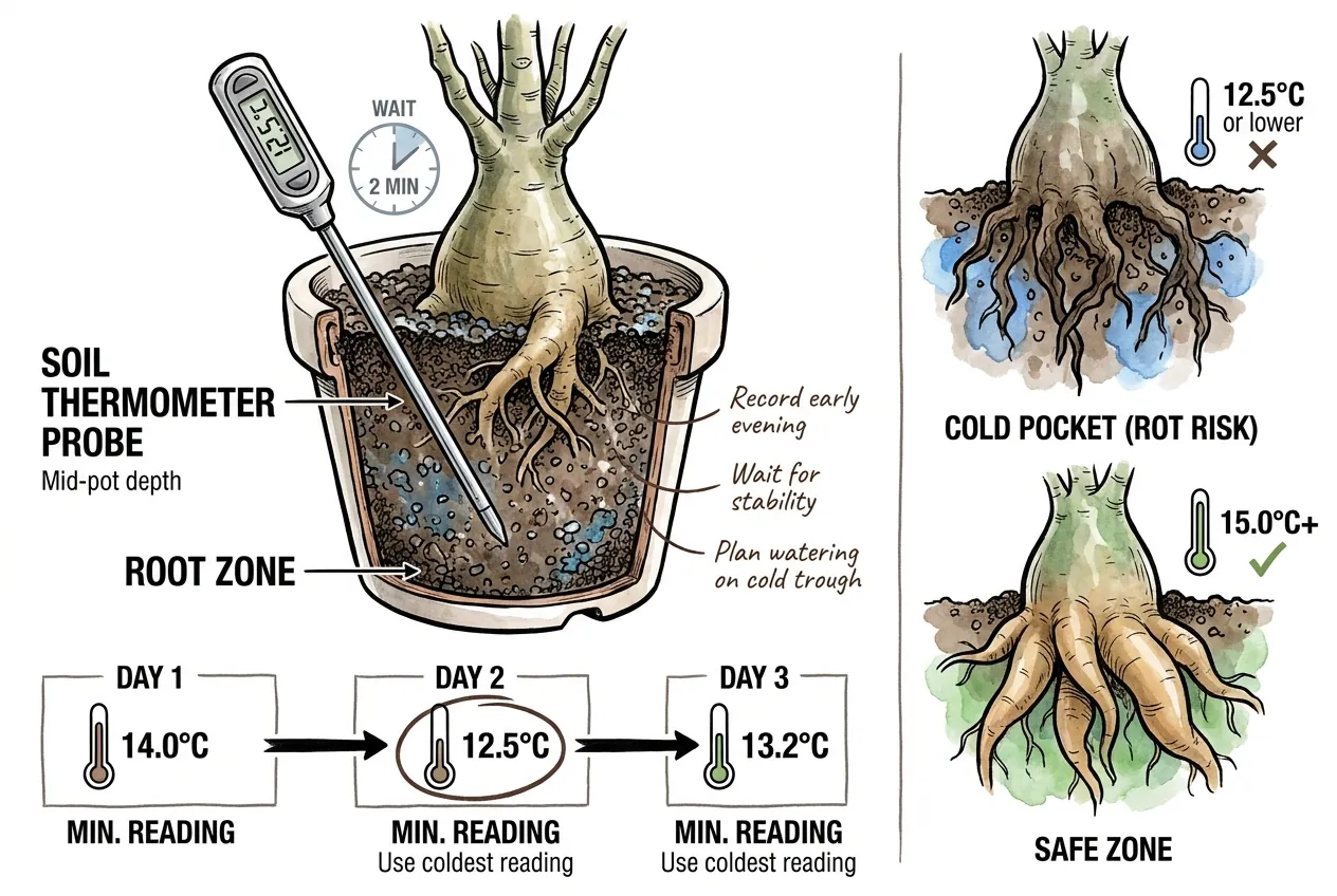 Probe thermometer at mid-pot depth with evening cold-trough readings