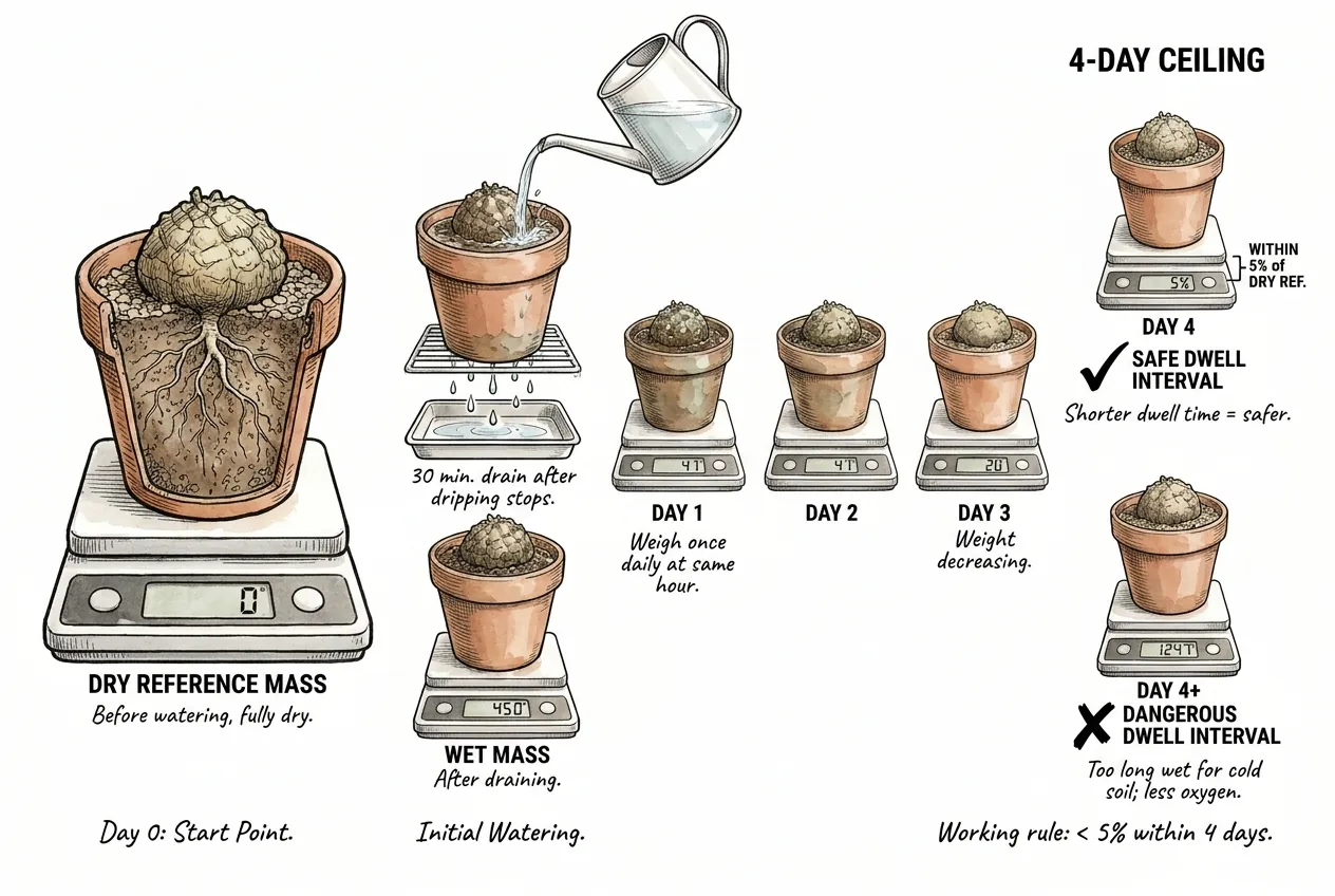 Pot on a kitchen scale drying down toward its dry reference mass