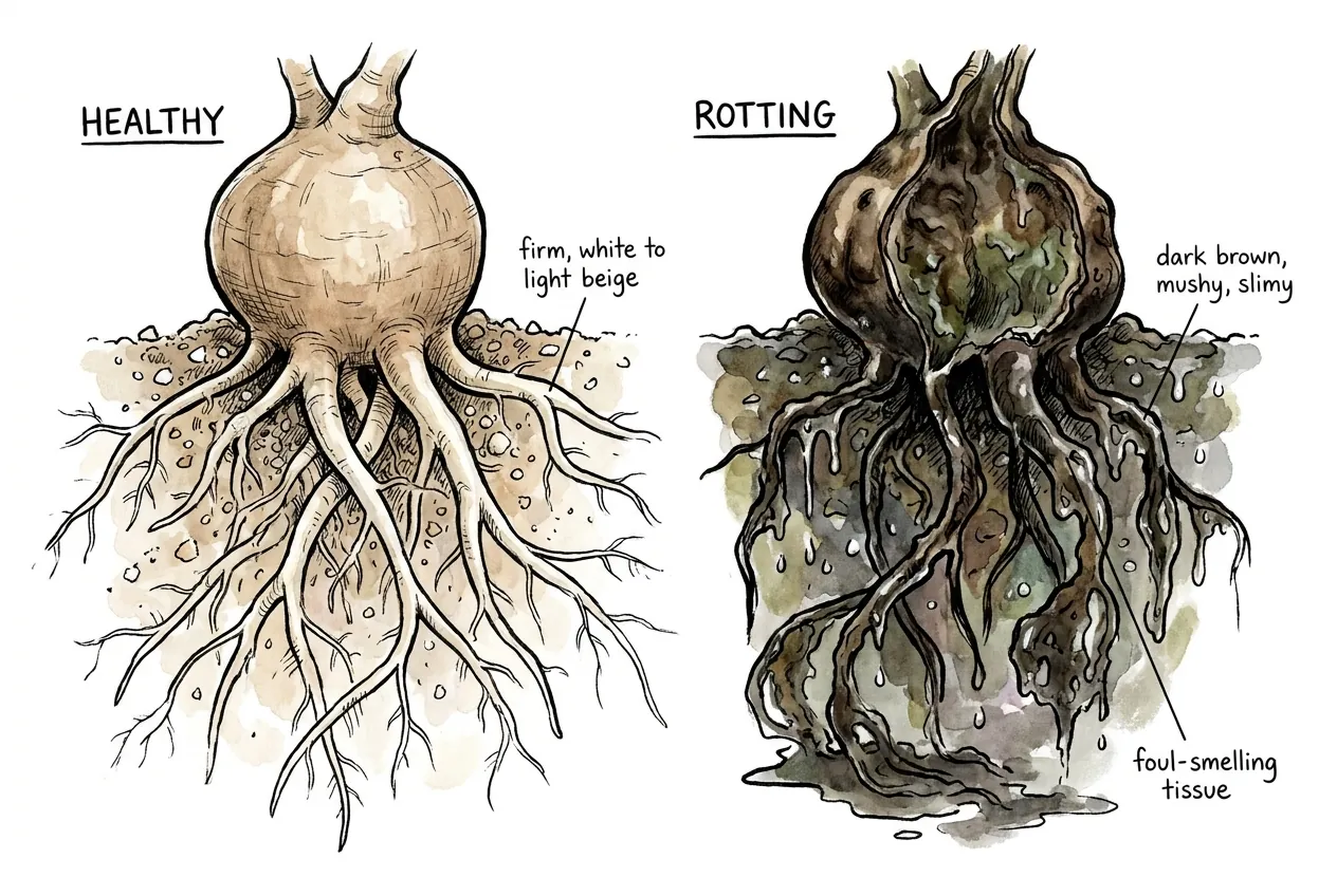 Firm white healthy caudex roots beside dark mushy rotting roots