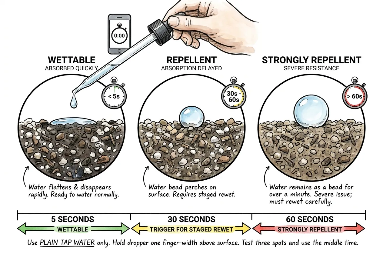 Three-panel diagram of the home water-drop timer test showing a droplet absorbed under 5 seconds on wettable grit, beading about 30 seconds on repellent grit, and sitting over a minute on strongly repellent grit, with a scale marking 5, 30, and 60 second thresholds.