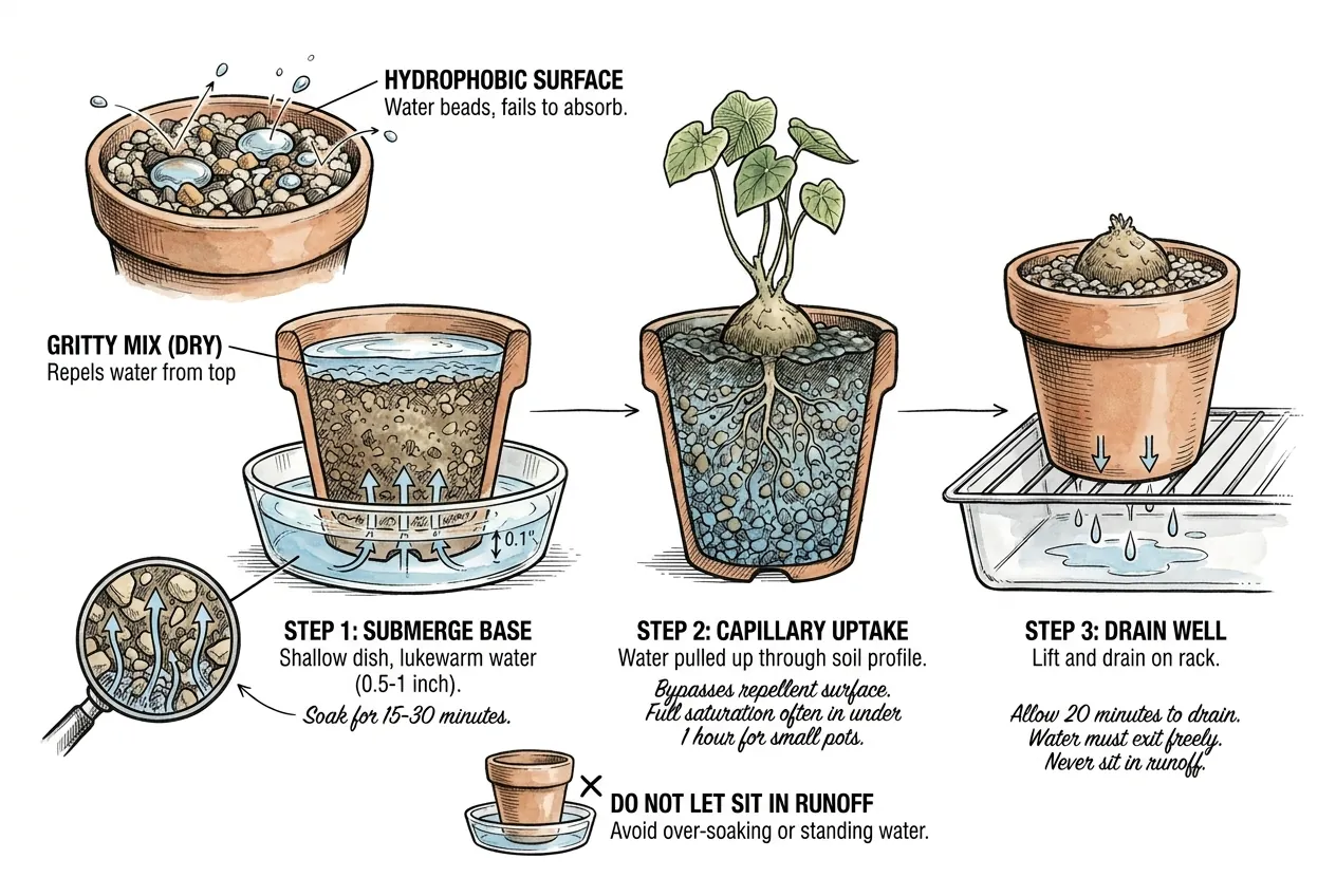 Three-step diagram of bottom-watering a small caudex pot, showing the dry hydrophobic surface, the pot set in a shallow dish so water is drawn up by capillary uptake, and the pot lifted onto a rack to drain fully.