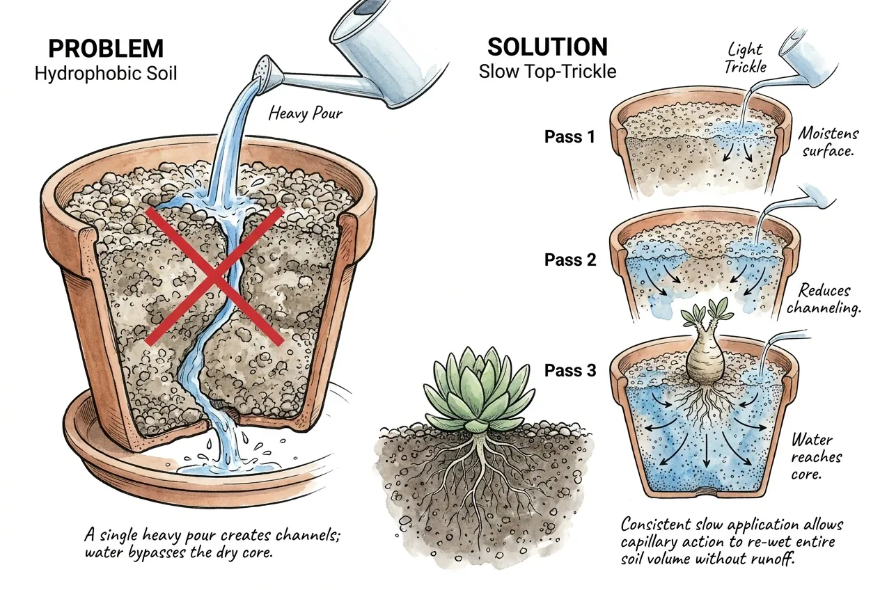 Comparison diagram contrasting a single heavy pour that channels straight through a dry pot with a slow top-trickle applied in three light passes that gradually wets the surface, reduces channeling, and reaches the core.