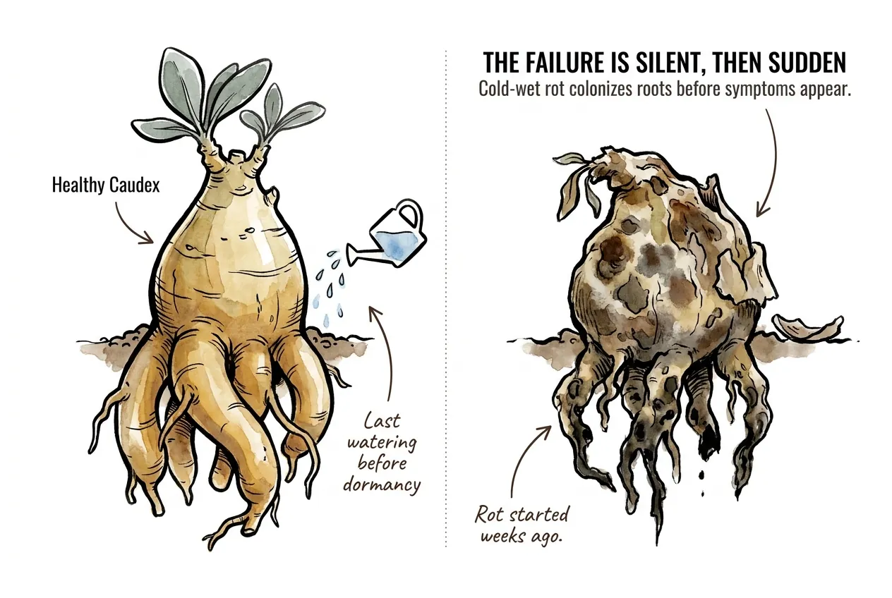 A firm healthy caudex beside a collapsed rotted caudex, showing that cold-wet root rot destroys the plant weeks before symptoms appear