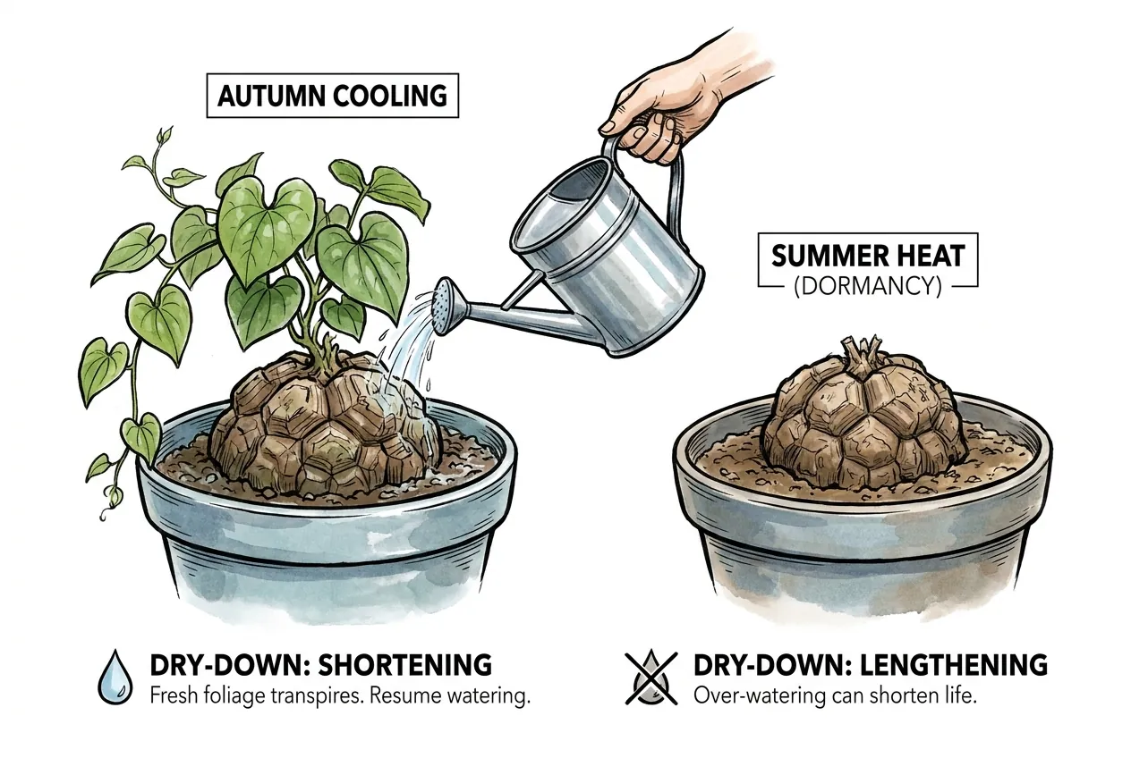 A leafing-out winter-grower caudex being watered in autumn cooling next to a summer-dormant caudex, showing which plants invert the watering rule