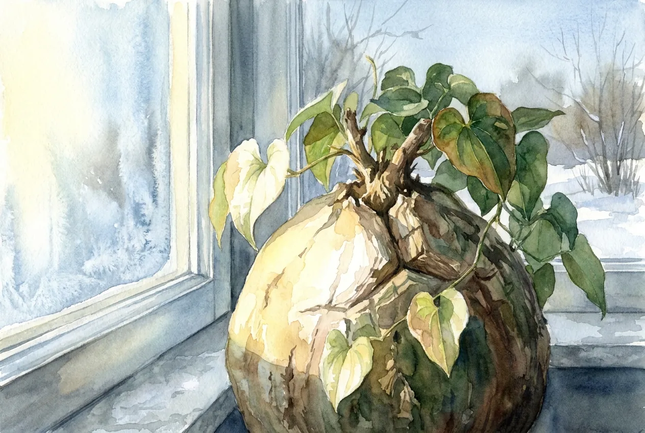 Winter Sunburn on Caudex at a Cold South Window