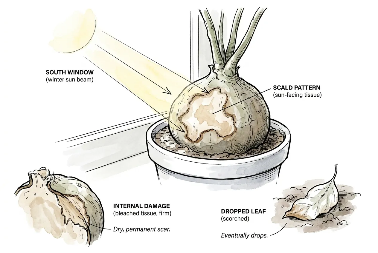 Diagram of a caudex leaf with winter sunburn scald, showing a pale bleached patch on the sun-facing surface that dries to a firm tan scar tracking the direction of the light beam.