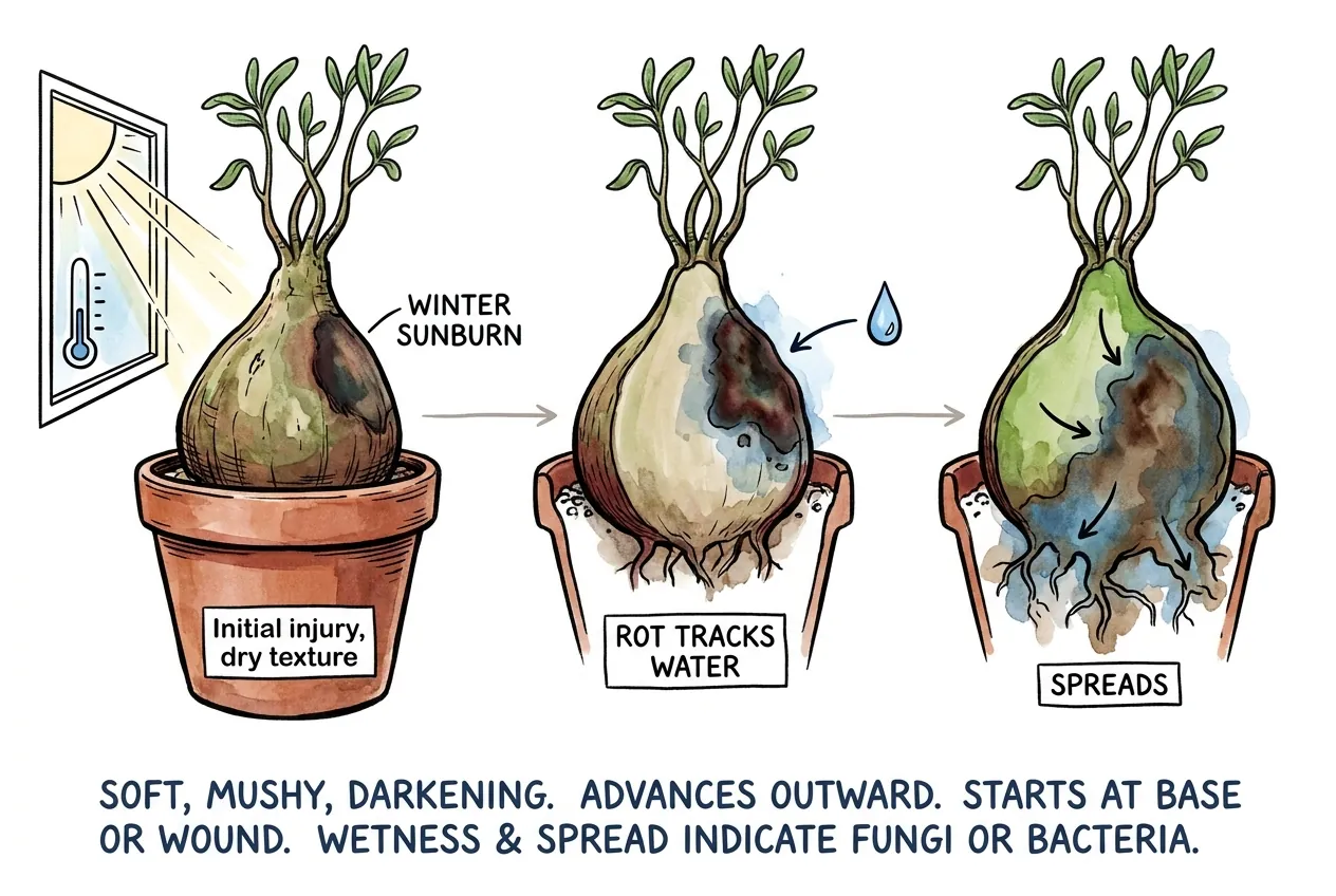 Diagram contrasting soft dark spreading rot at the base and wound of a caudex with dry firm sunburn scald, illustrating how rot advances through injured tissue while scald stays dry.