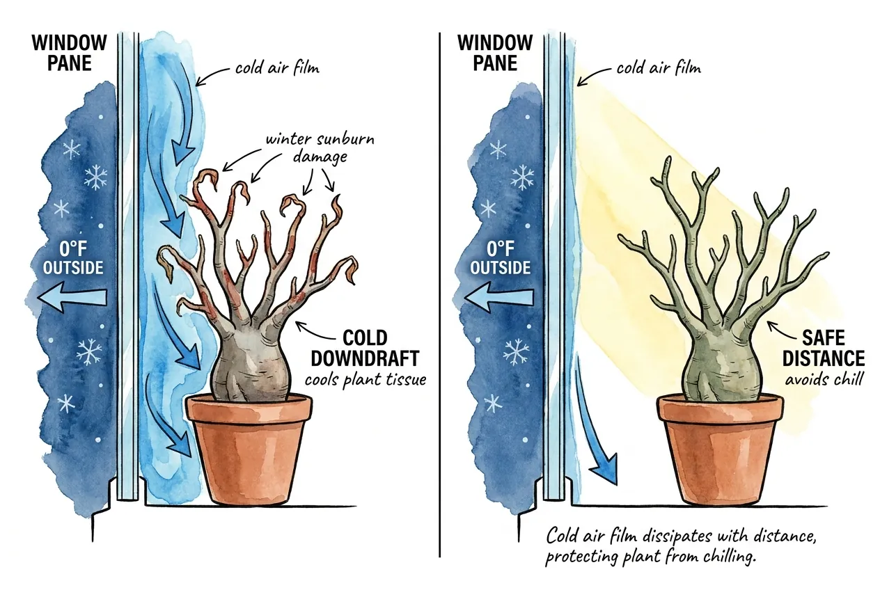 Cross-section diagram of a cold single-pane winter window showing chilled air sinking off the glass as a downdraft and a potted caudex sitting inside that cold film near the pane.