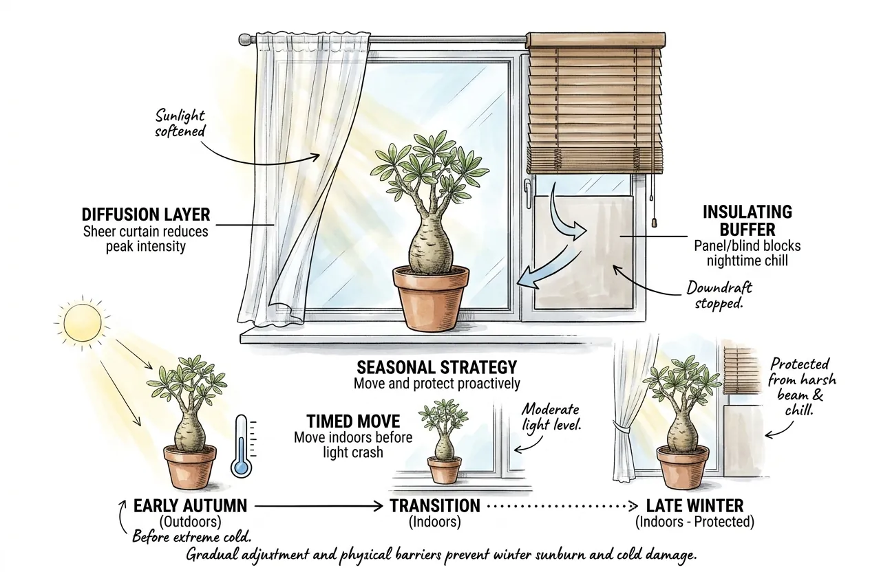 Illustration of prevention steps for winter window scald, showing a sheer diffuser over the pane softening the beam and a caudex set back from the cold glass with a night barrier.