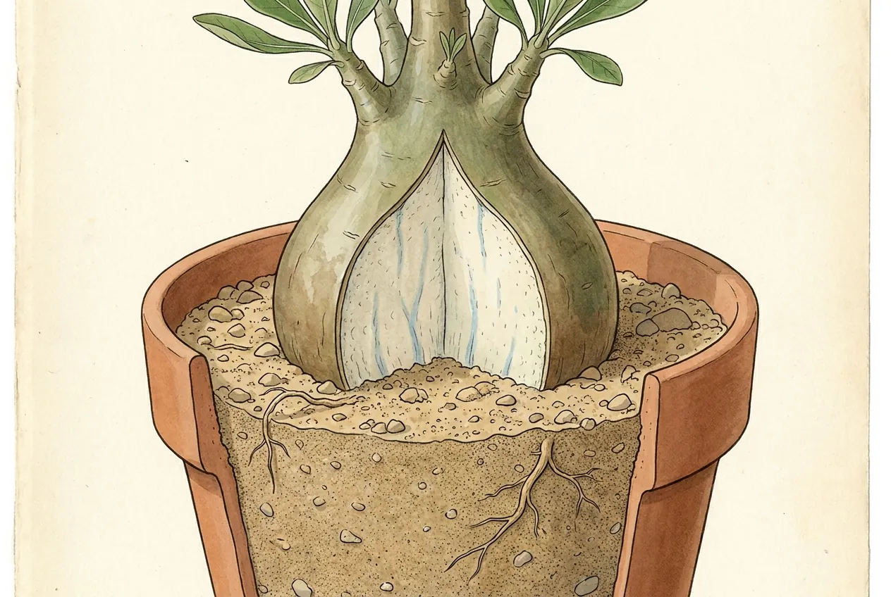 Cutaway of a caudex showing internal water storage tissue above dry potting soil