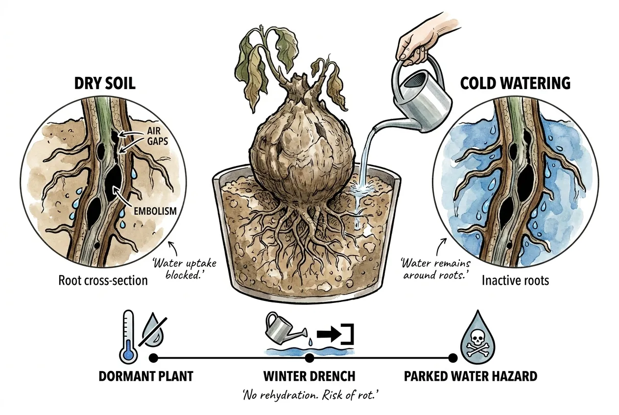 Diagram of dormant roots with blocked uptake and water parked around them after winter watering