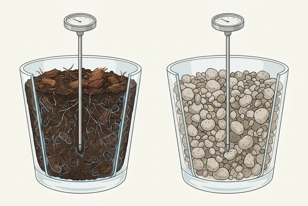 Moisture probe in organic mix with water film versus coarse mineral mix with air gaps