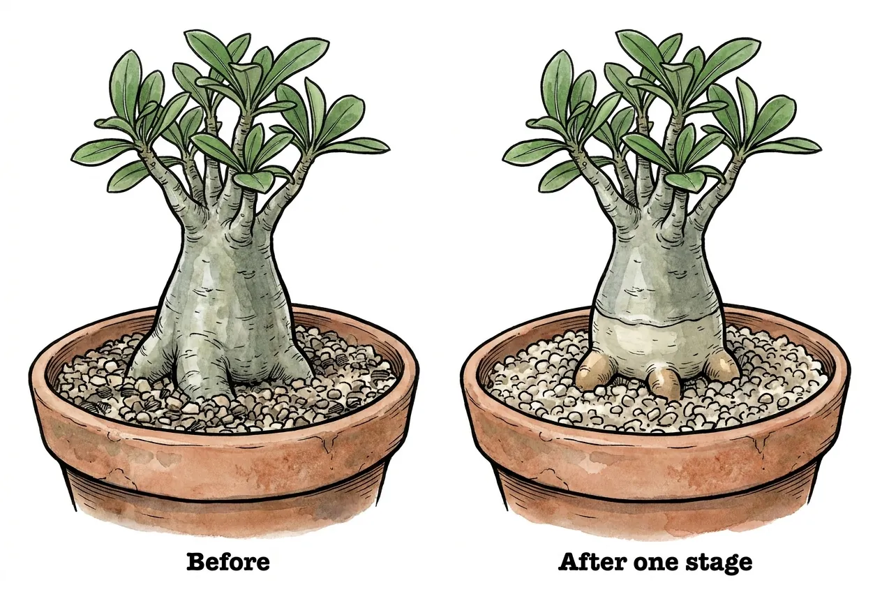Potted Adenium before and after one small lift, with a narrow pale band and root tops just above grit