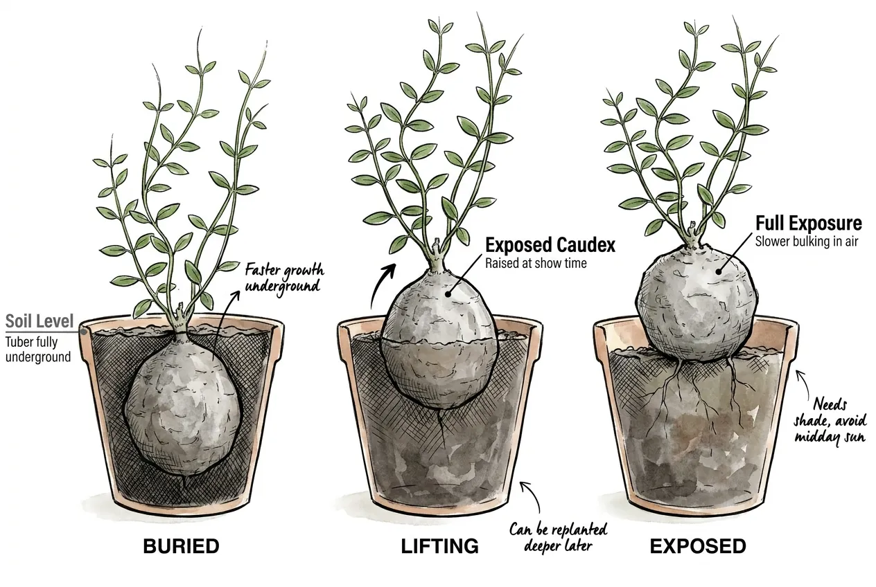 Fockea tuber shown buried, partly raised, and fully exposed in three pots
