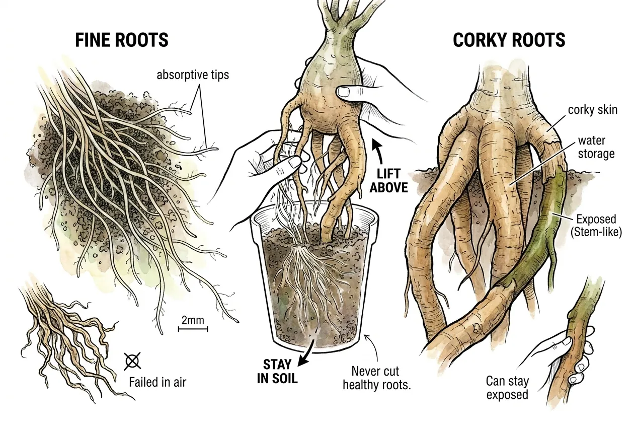 Thin pale fine roots kept in the mix beside thick corky caudex roots left exposed