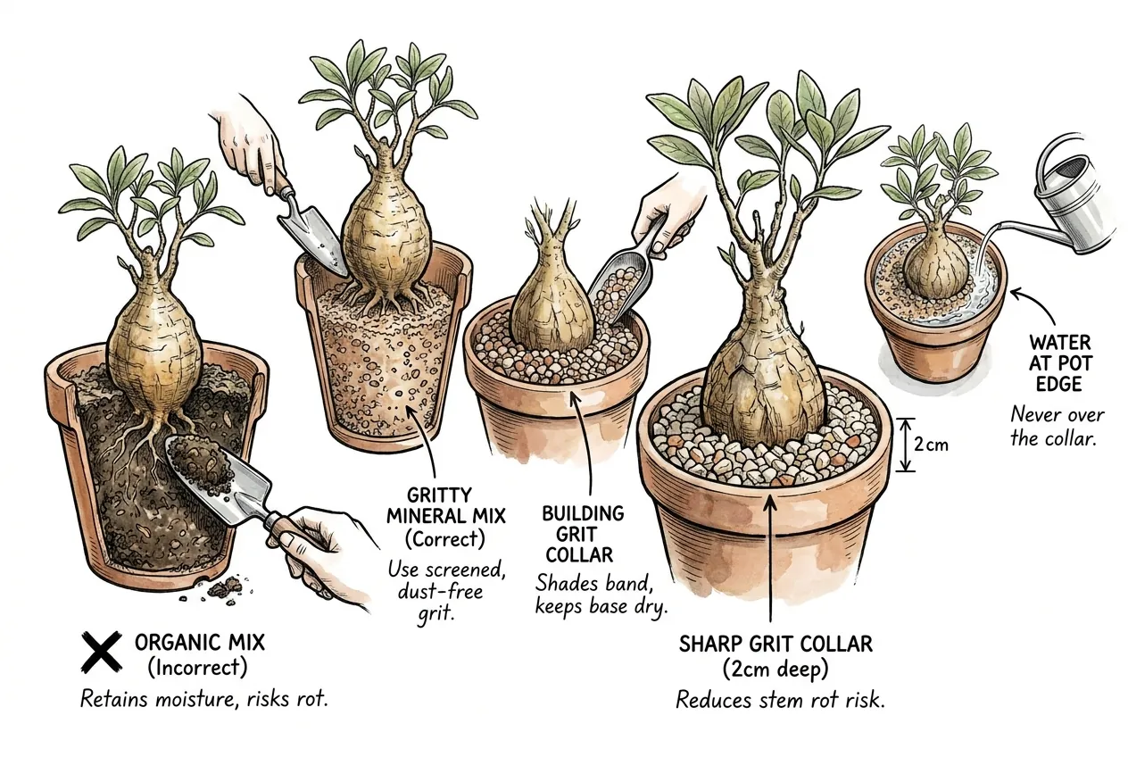 Caudex potted in gritty mix, ringed with a shallow sharp grit collar, watered at the pot edge