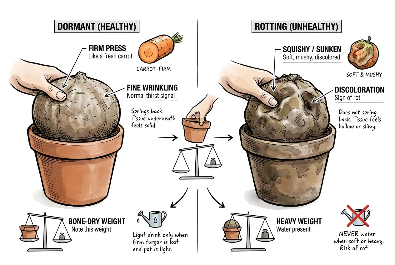 Botanical illustration for: Firmness and pot weight tell a dormant plant from a rotting one