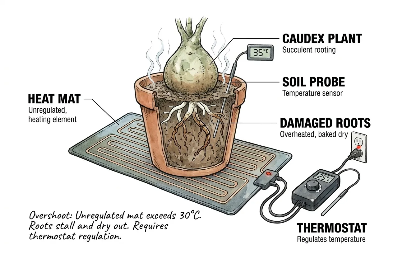 Labeled diagram of a caudex plant in a pot on an unregulated heat mat, with the roots marked as overheated and baked dry because the substrate exceeds 30 C without thermostat regulation.