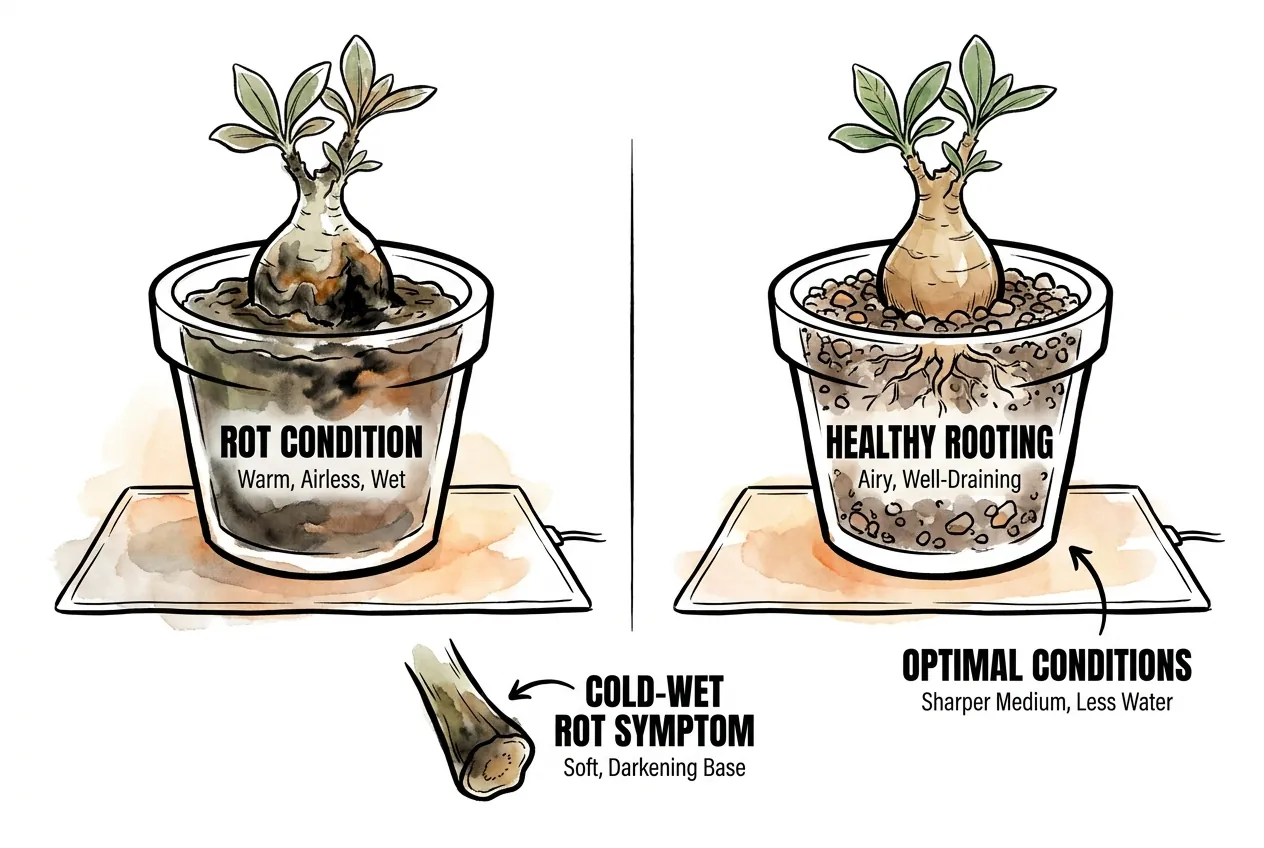 Side-by-side comparison of two potted caudex plants on a heat mat, the left in warm airless wet substrate showing a soft darkening rotting base and the right in sharp well-draining medium rooting healthily.