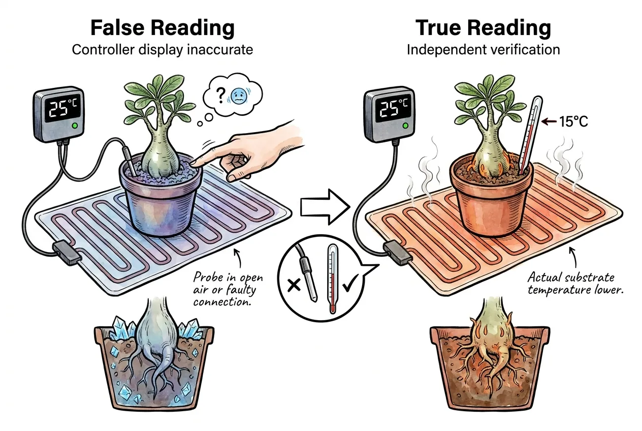 Diagram contrasting a false thermostat reading from a probe sitting in open air against a true reading verified by an independent soil thermometer at root depth, where the real substrate temperature is lower.