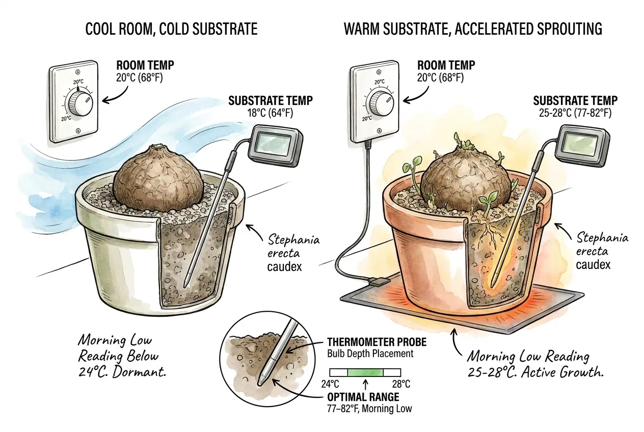 Probe thermometers comparing cold and warm substrate around Stephania bulbs