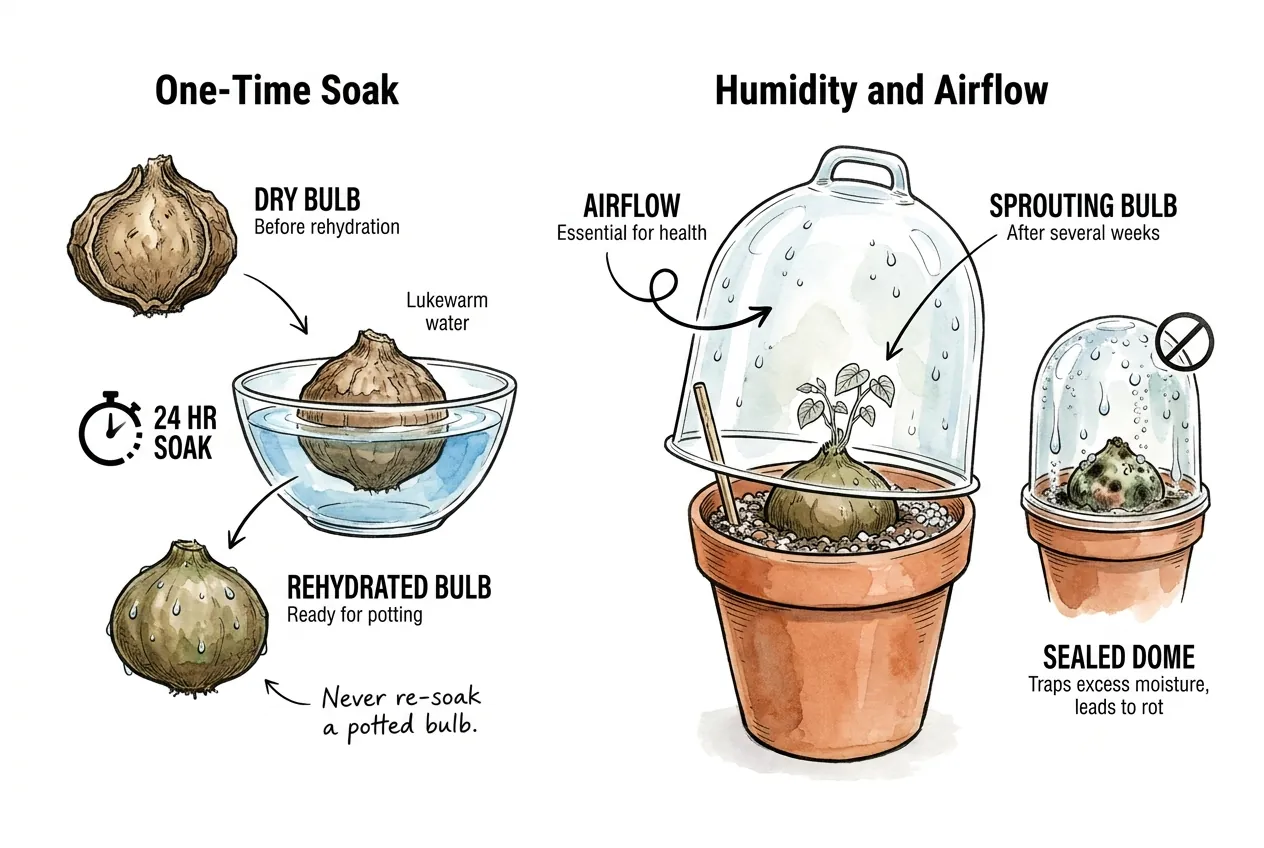 Bulb rehydrating in a 24 hour soak beside a vented humidity dome