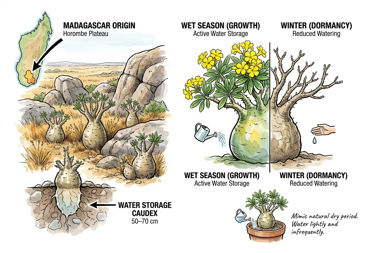Labeled illustration of Pachypodium horombense showing its Horombe plateau origin in Madagascar, a 50 to 70 cm water-storage caudex, and its wet-season growth versus winter dormancy cycle.