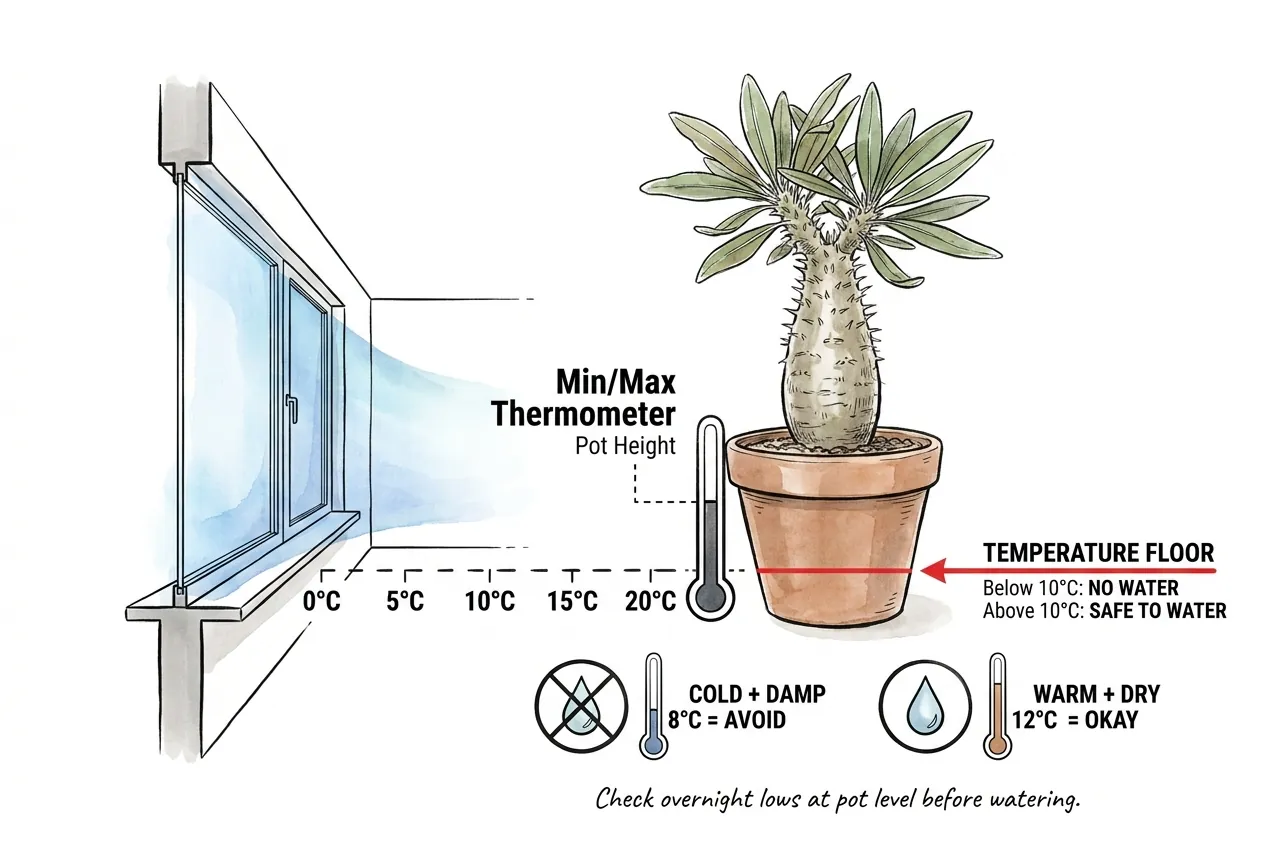 Diagram of a min and max thermometer at pot height by a cold window, marking the 10 degrees Celsius winter floor below which a dormant Pachypodium should get no water.