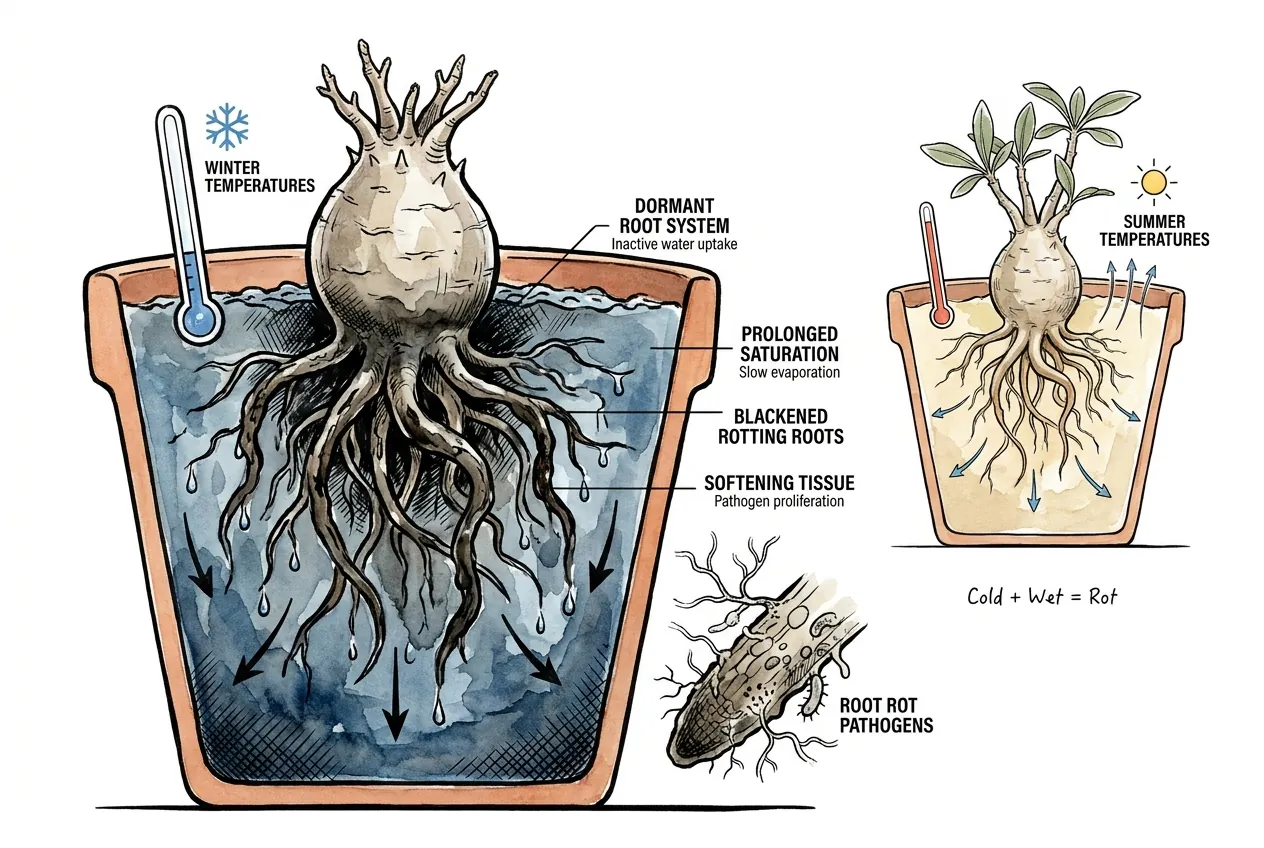 Cutaway comparison of a cold saturated winter pot with blackened rotting Pachypodium roots versus healthy summer roots, labeled cold plus wet equals rot.