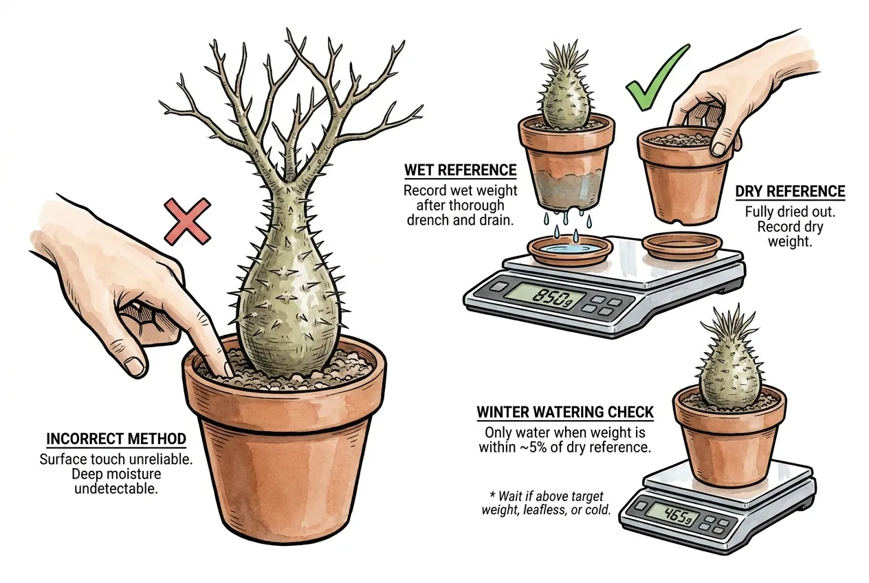 Technique panel showing an unreliable finger touch test beside weighing a Pachypodium pot on a kitchen scale for wet and dry reference weights before winter watering.