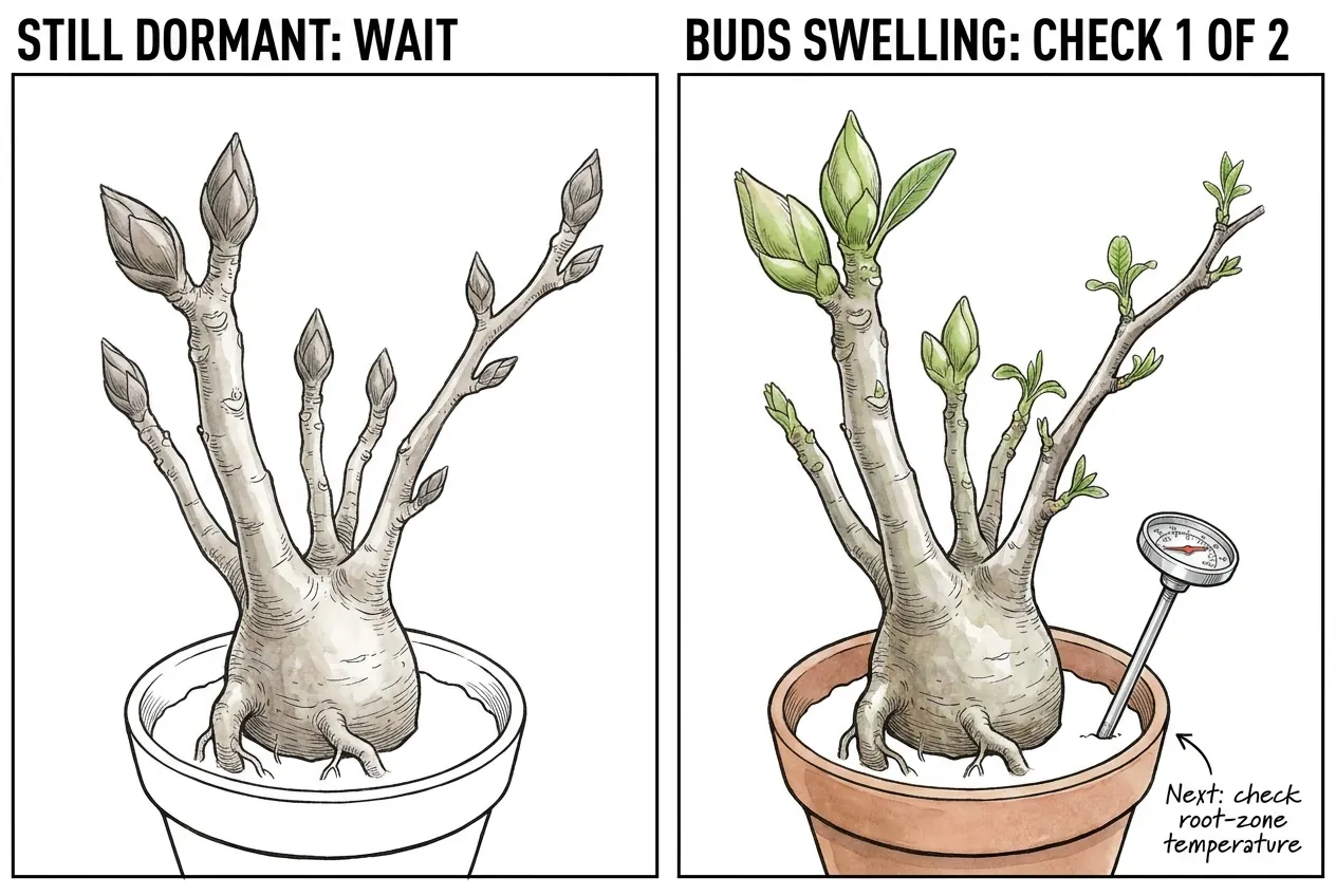 Dormant caudex with closed buds beside the same plant with swelling green buds and a soil probe thermometer as the second check