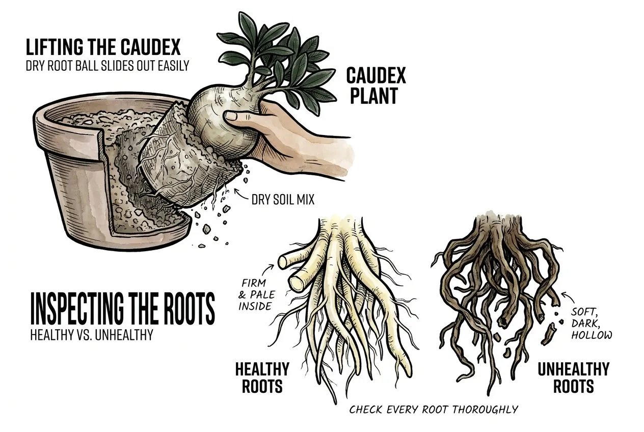Dry root ball eased from a pot beside firm pale roots and soft dark rotted roots