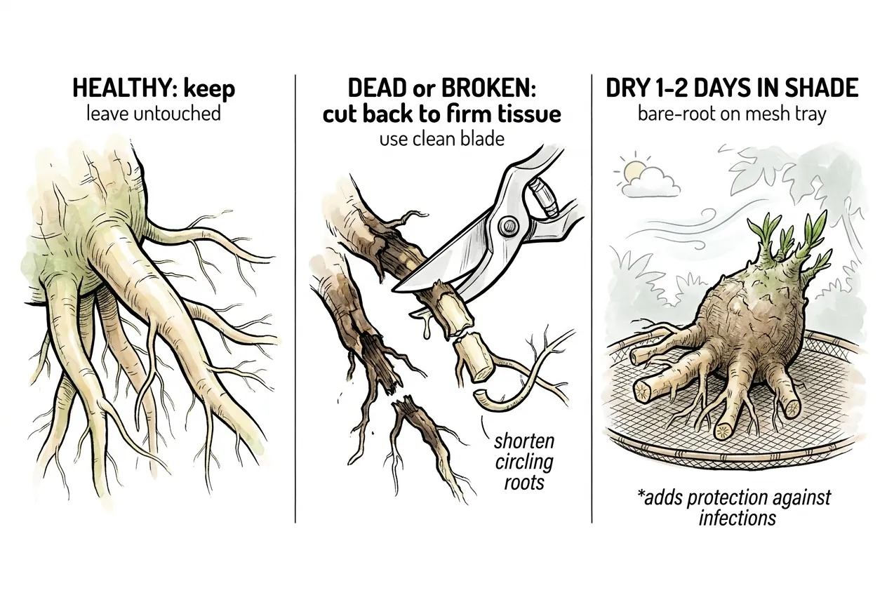 Healthy caudex roots kept, pruners cutting a dead root back to firm tissue, and a bare-root caudex drying on a mesh tray in shade