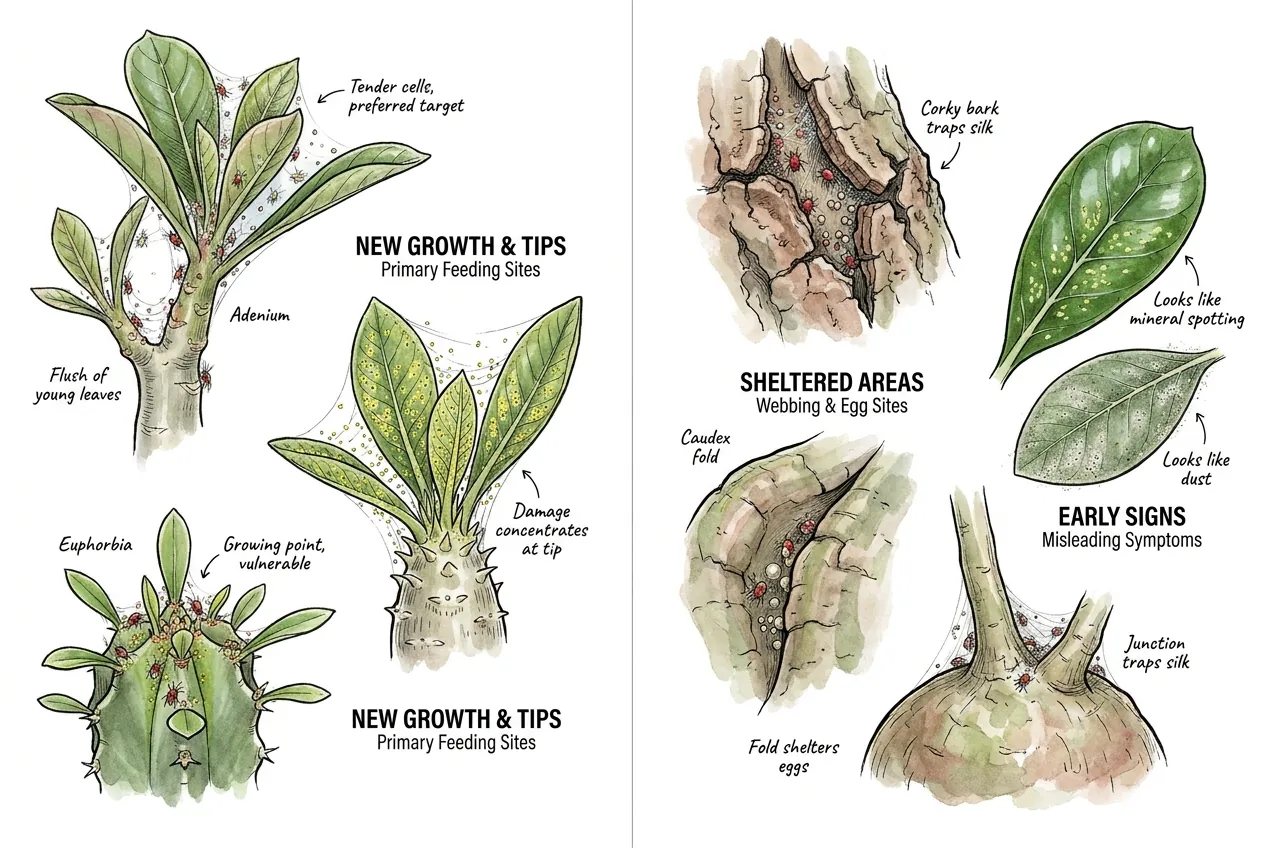 Labeled illustration showing where spider mites feed and hide on caudex plants, with new growth tips on adenium and euphorbia marked as feeding sites and caudex folds and bark seams marked as webbing and egg sites.