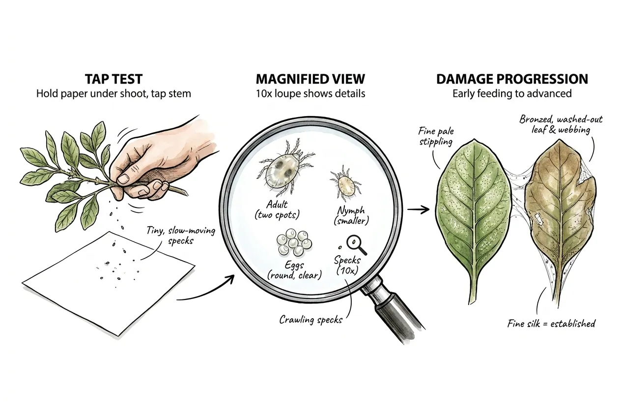 Three-panel diagram of the white-paper tap test, a 10x loupe view of spider mite adults, nymphs, and eggs, and the progression from fine pale stippling to webbing on a leaf.