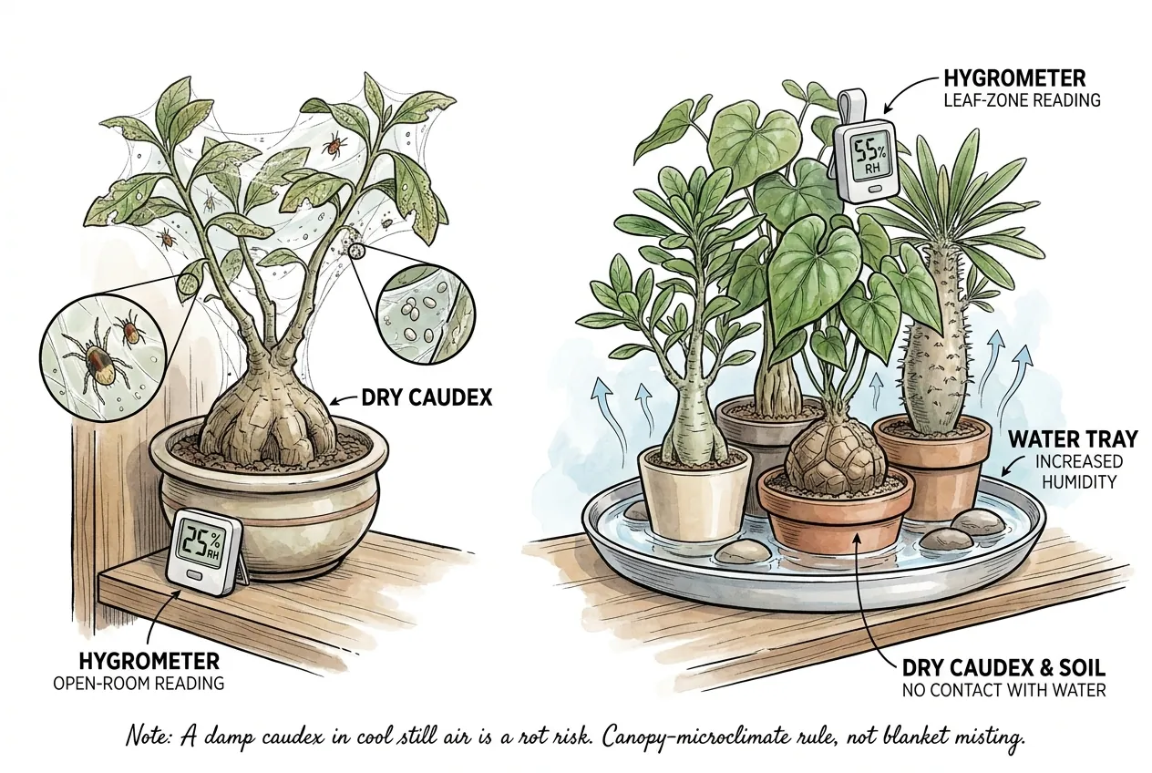 Illustration of grouped caudex plants with a clip hygrometer at leaf height and a water tray raising canopy humidity while the caudex and soil stay dry and out of contact with water.