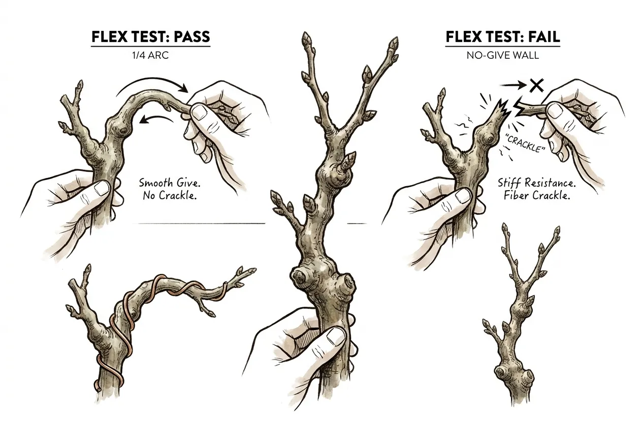 Hands easing a bare Operculicarya branch through a small test arc